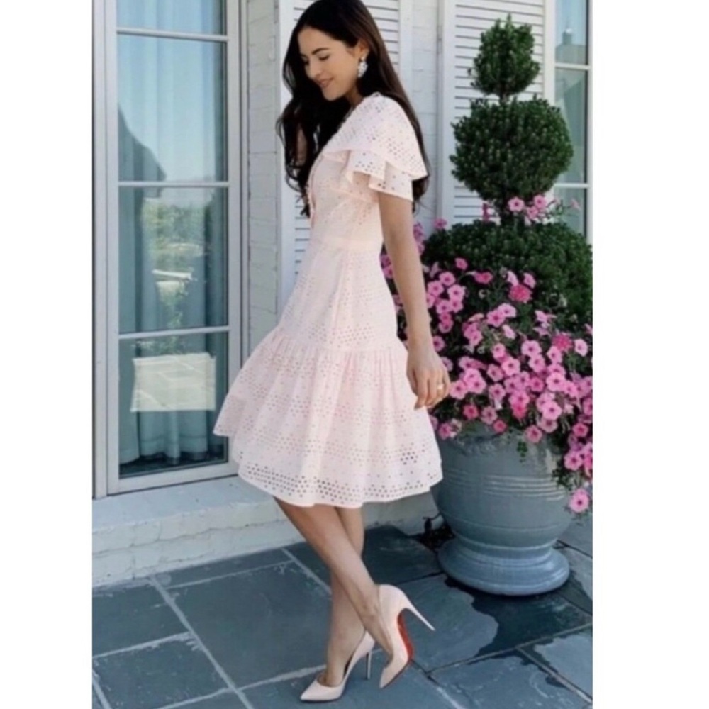 Rachel Parcell Womens‎ Sz L Frosty Pink Midi Dress Eyelet Lace Ruffle Coquette